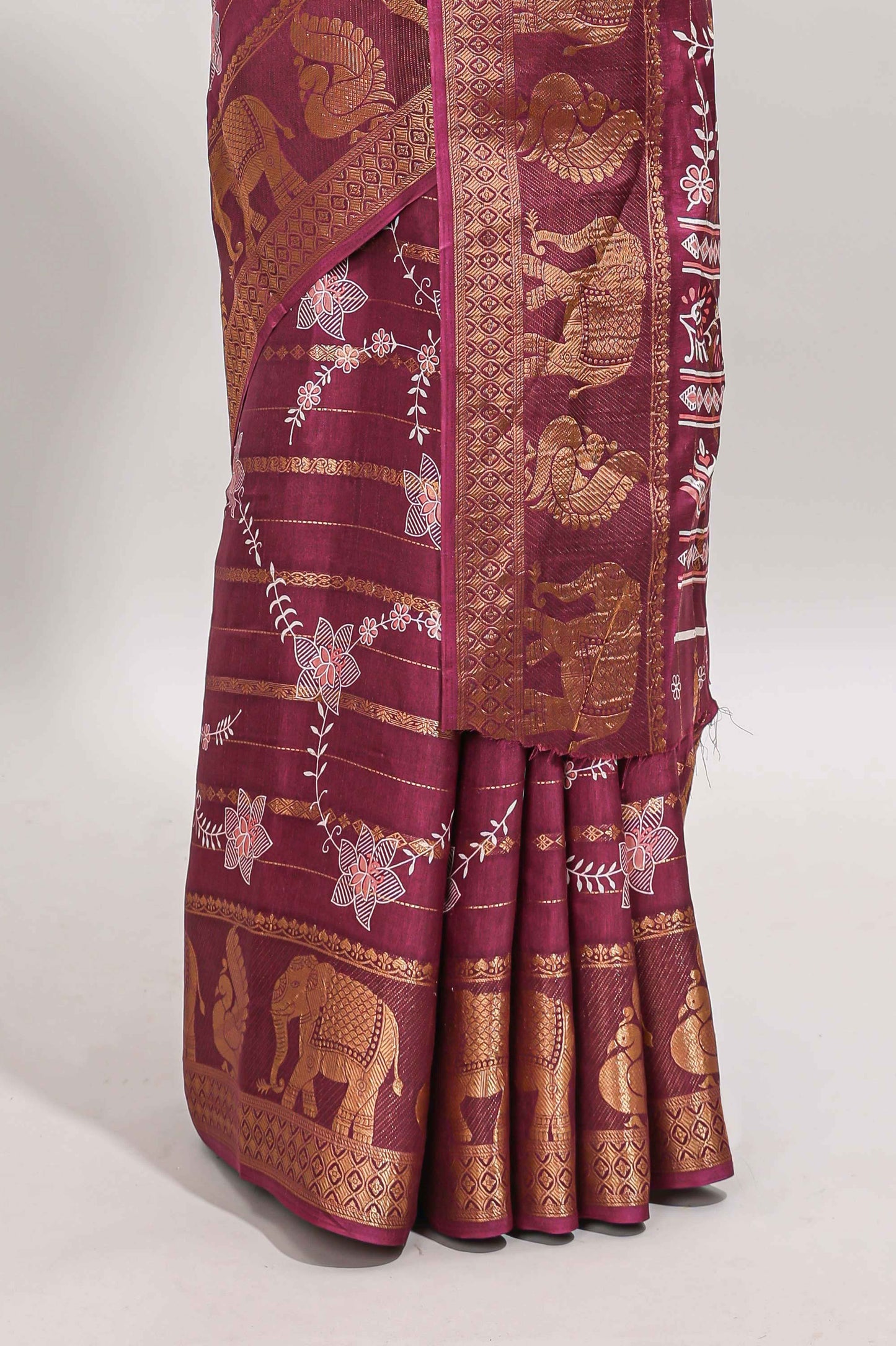Maroon striped floral vine dola silk saree with self zari border and matching blouse