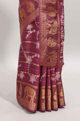 Maroon striped floral vine dola silk saree with self zari border and matching blouse