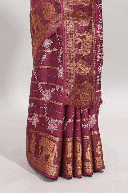 Maroon striped floral vine dola silk saree with self zari border and matching blouse