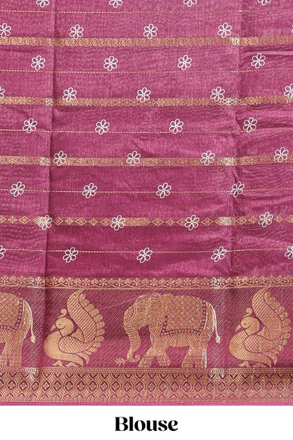 Maroon striped floral vine dola silk saree with self zari border and matching blouse