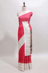 Pink zari striped dola silk saree withcontrast zari border and printed blouse