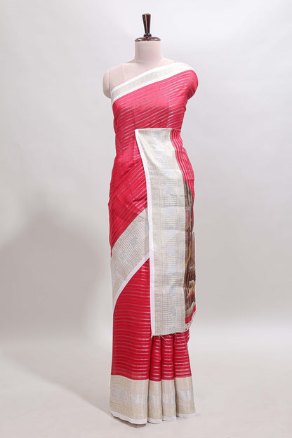 Pink zari striped dola silk saree with  contrast zari border and printed blouse