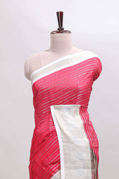 Pink zari striped dola silk saree with  contrast zari border and printed blouse