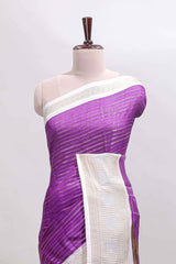 Violet zari striped dola silk saree withcontrast zari border and printed blouse