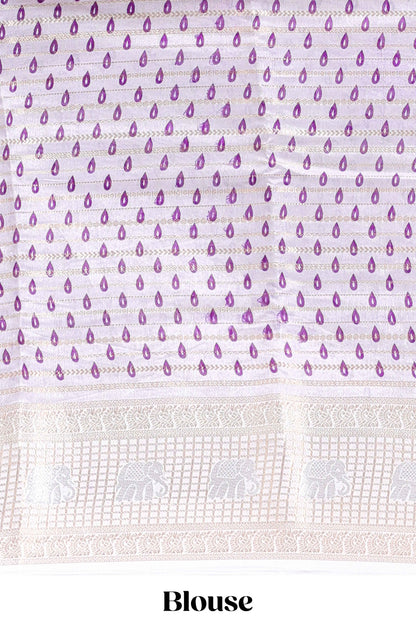 Violet zari striped dola silk saree with  contrast zari border and printed blouse