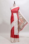 Red zari striped dola silk saree withcontrast zari border and printed blouse