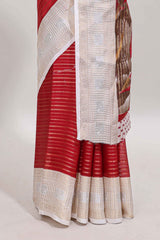 Red zari striped dola silk saree withcontrast zari border and printed blouse