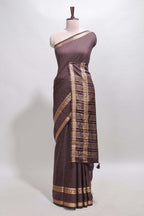 Brown checked dola silk saree with self zari border and matching striped pallu