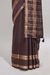 Brown checked dola silk saree with self zari border and matching striped pallu