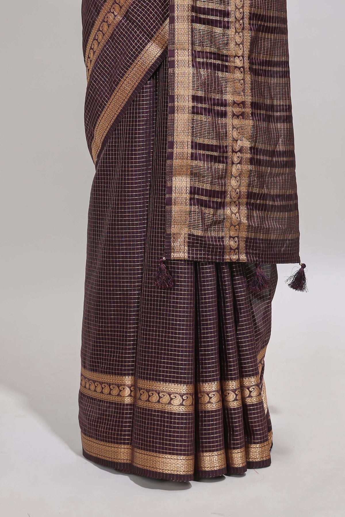 Brown checked dola silk saree with self zari border and matching striped pallu