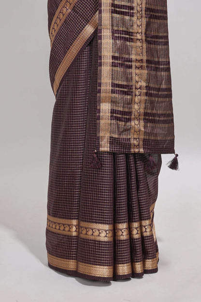 Brown checked dola silk saree with self zari border and matching striped pallu