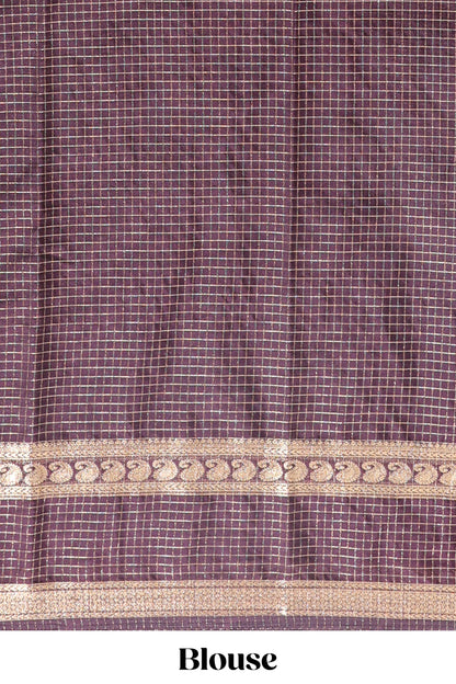 Brown checked dola silk saree with self zari border and matching striped pallu