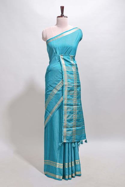 Blue checked dola silk saree with self zari border and matching striped pallu