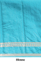 Blue checked dola silk saree with self zari border and matching striped pallu