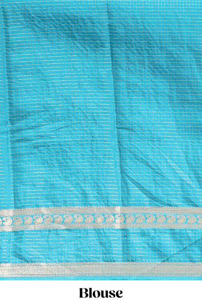 Blue checked dola silk saree with self zari border and matching striped pallu