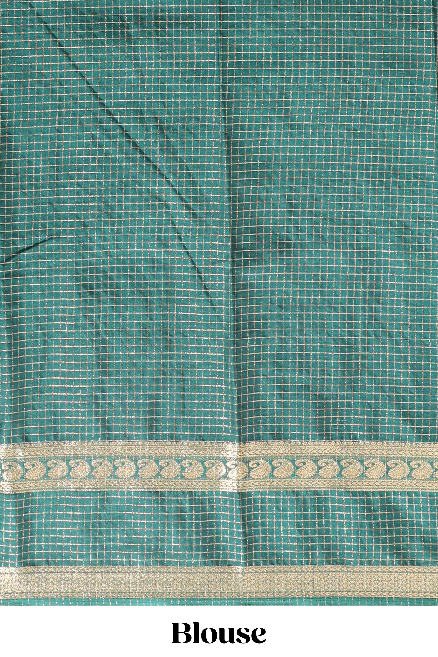 Green checked dola silk saree with self zari border and matching striped pallu