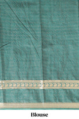 Green checked dola silk saree with self zari border and matching striped pallu