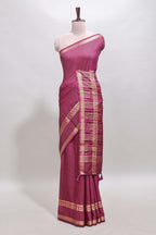 Magenta checked dola silk saree with self zari border and matching striped pallu