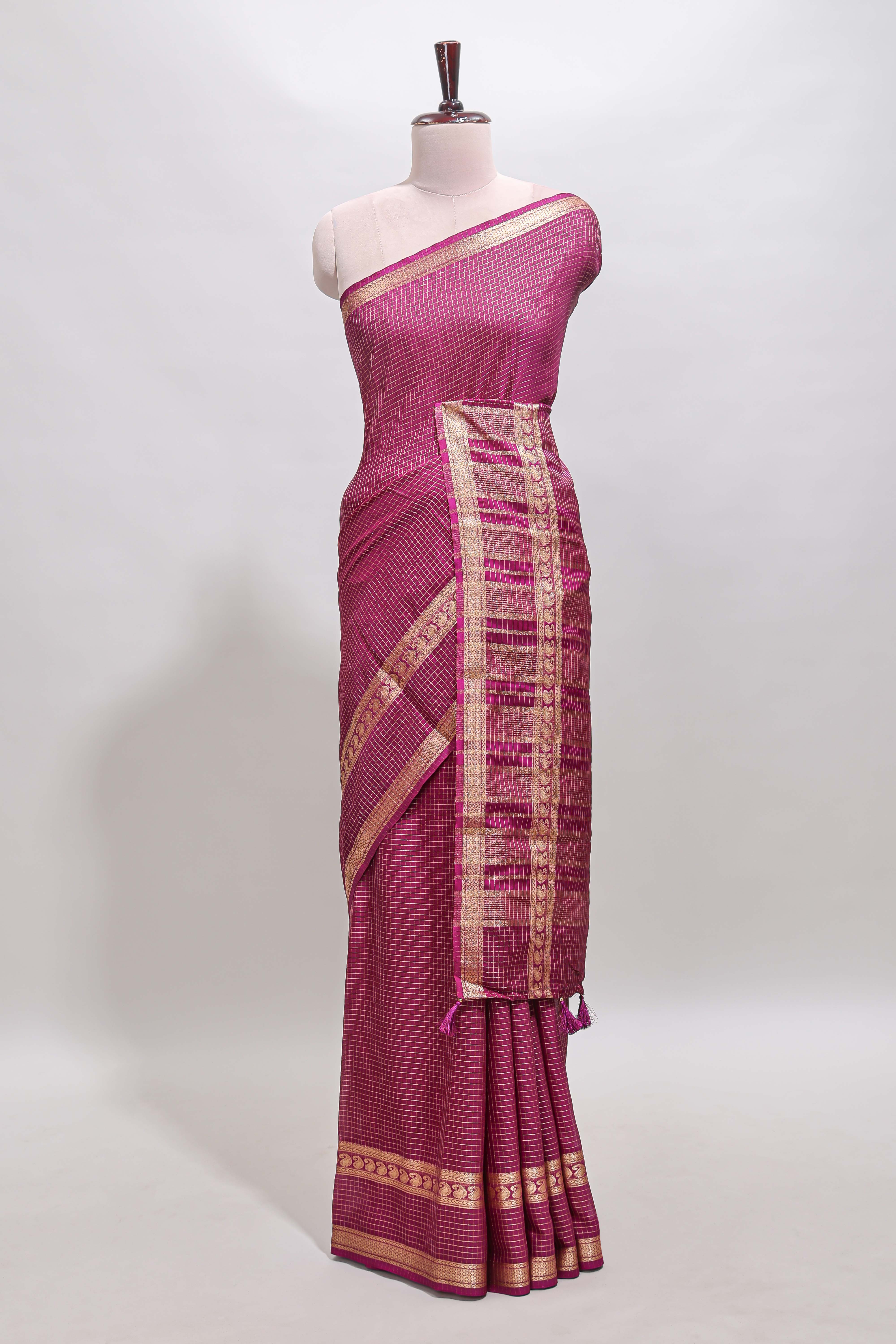 Magenta checked dola silk saree with self zari border and matching striped pallu