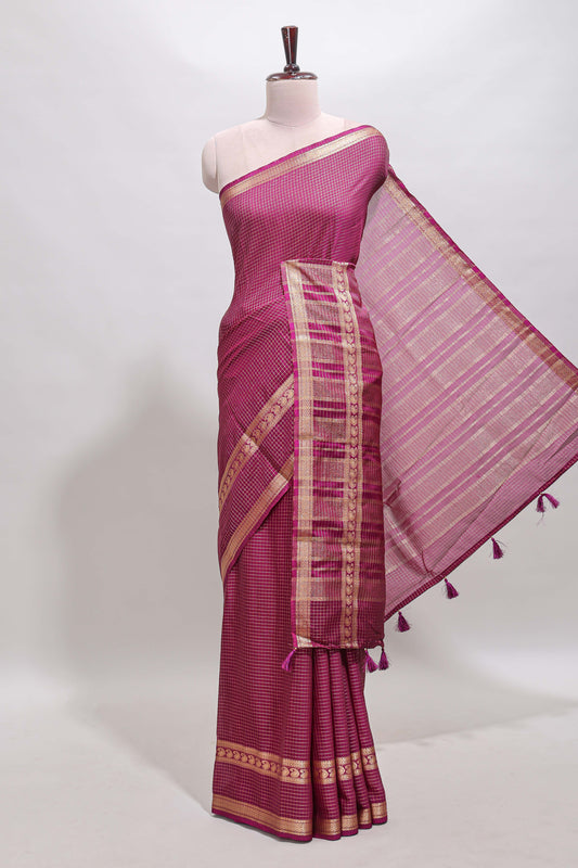 Magenta checked dola silk saree with self zari border and matching striped pallu