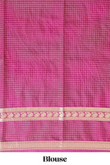 Magenta checked dola silk saree with self zari border and matching striped pallu