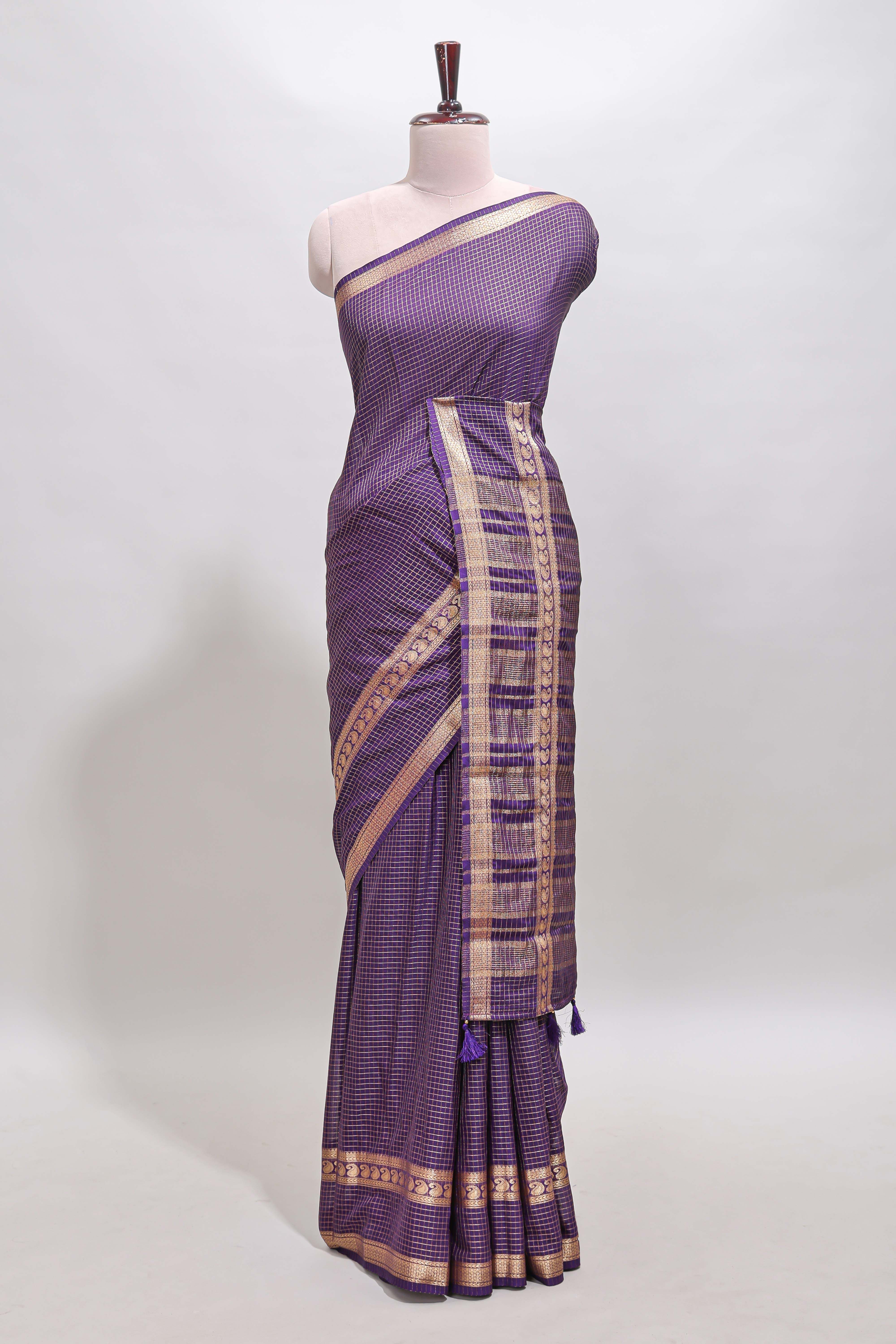 Violet checked dola silk saree with self zari border and matching striped pallu