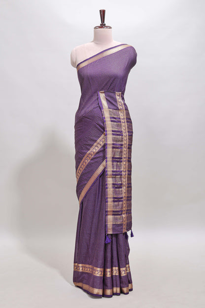 Violet checked dola silk saree with self zari border and matching striped pallu