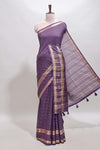 Violet checked dola silk saree with self zari border and matching striped pallu