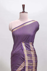 Violet checked dola silk saree with self zari border and matching striped pallu