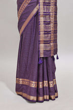 Violet checked dola silk saree with self zari border and matching striped pallu