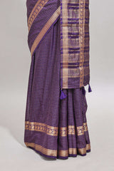 Violet checked dola silk saree with self zari border and matching striped pallu
