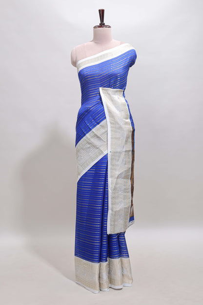 Blue striped dola silk saree with contrast zari border and kalamkari style pallu
