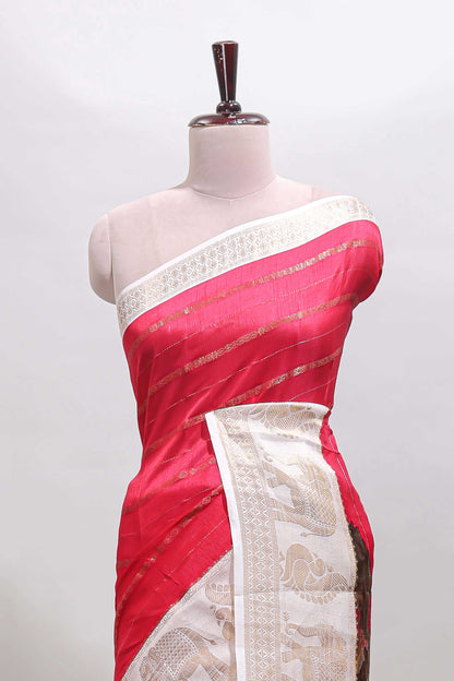 Pink striped dola silk saree with contrast zari border and kalamkari style pallu