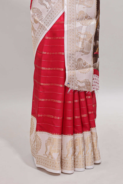 Pink striped dola silk saree with contrast zari border and kalamkari style pallu