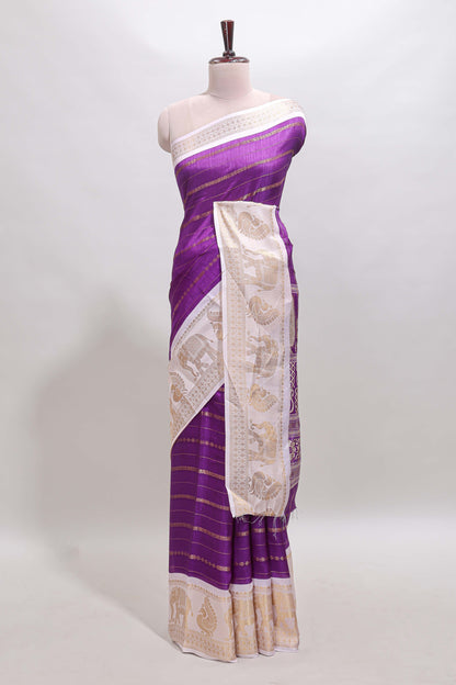 Violet striped dola silk saree with contrast zari border and kalamkari style pallu