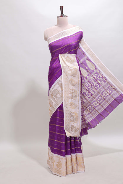 Violet striped dola silk saree with contrast zari border and kalamkari style pallu