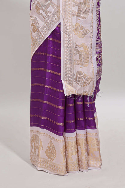 Violet striped dola silk saree with contrast zari border and kalamkari style pallu