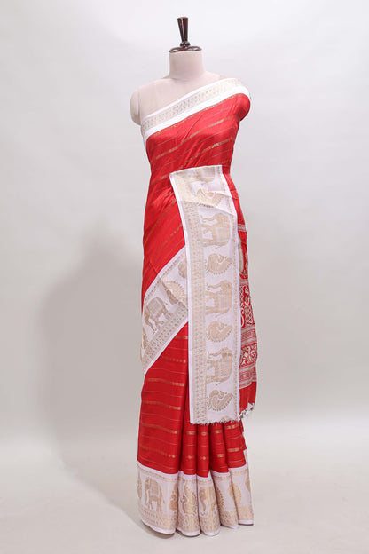 Red striped dola silk saree with contrast zari border and kalamkari style pallu