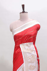 Red striped dola silk saree with contrast zari border and kalamkari style pallu