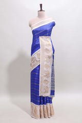Blue striped dola silk saree with contrast zari border and kalamkari style pallu