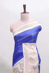 Blue striped dola silk saree with contrast zari border and kalamkari style pallu