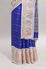 Blue striped dola silk saree with contrast zari border and kalamkari style pallu