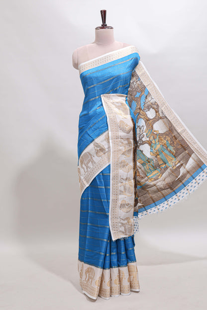 Peacock blue striped dola silk saree with contrast zari border and kalamkari style pallu