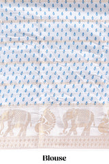 Peacock blue striped dola silk saree with contrast zari border and kalamkari style pallu