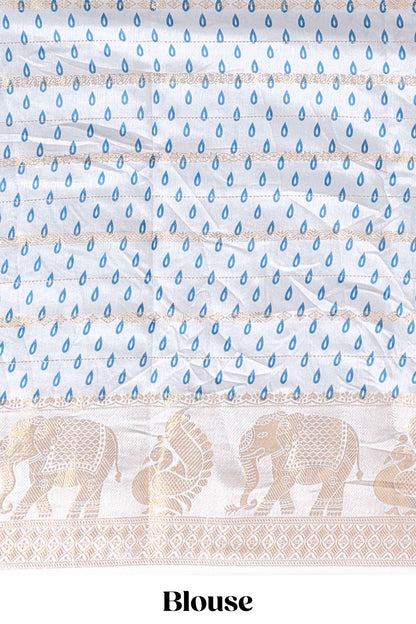 Peacock blue striped dola silk saree with contrast zari border and kalamkari style pallu