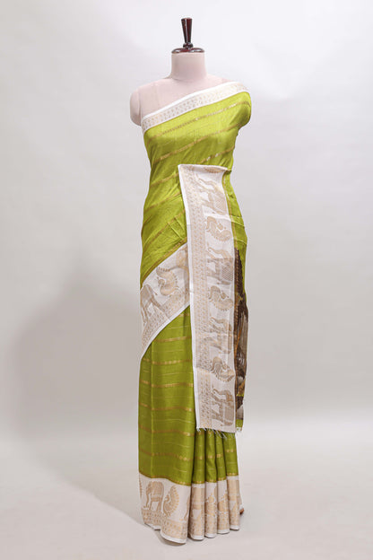 Green striped dola silk saree with contrast zari border and kalamkari style pallu