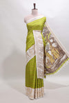 Green striped dola silk saree with contrast zari border and kalamkari style pallu