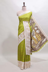 Green striped dola silk saree with contrast zari border and kalamkari style pallu