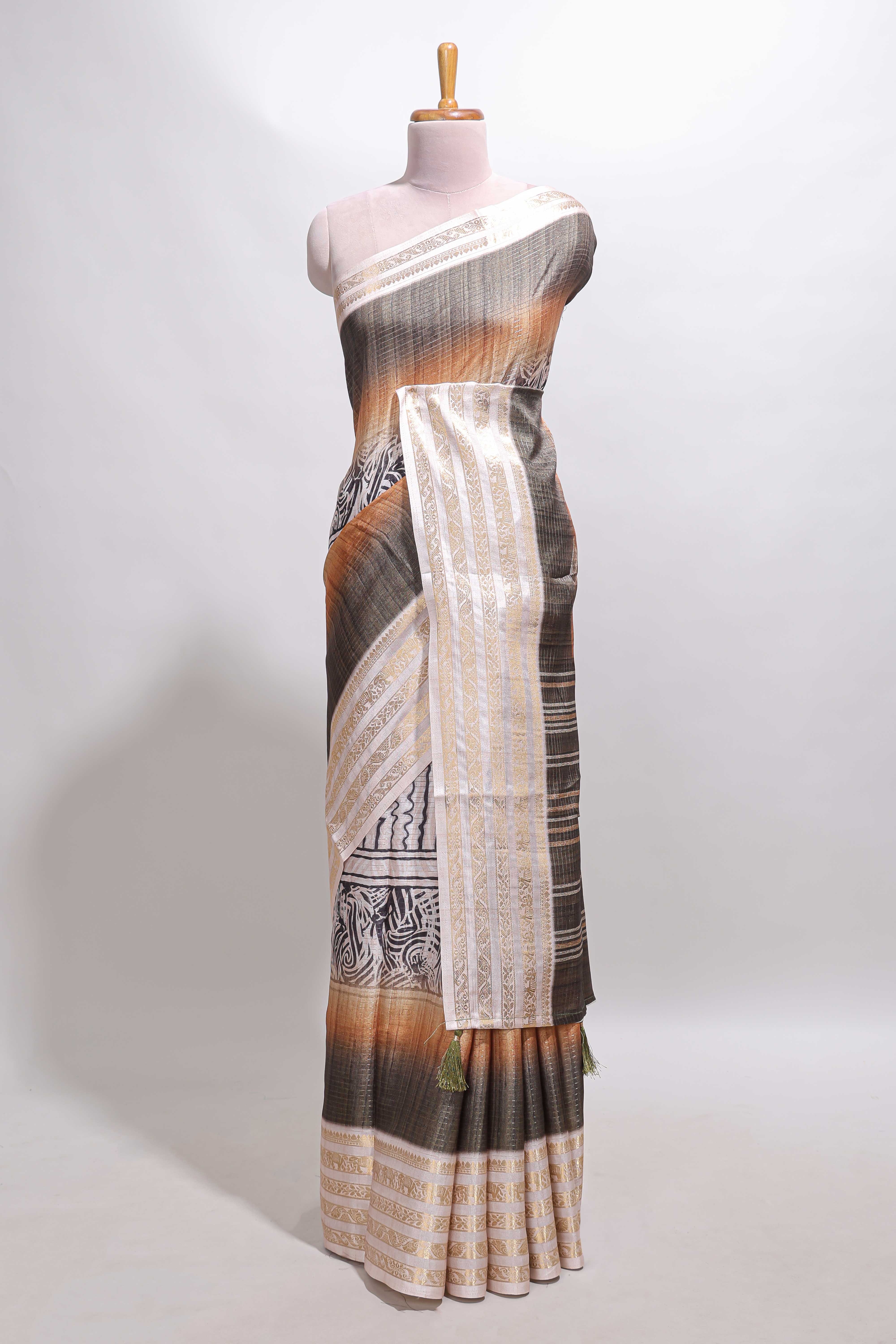 Grey geometric design dola silk saree withcontrast zari border and matching blouse