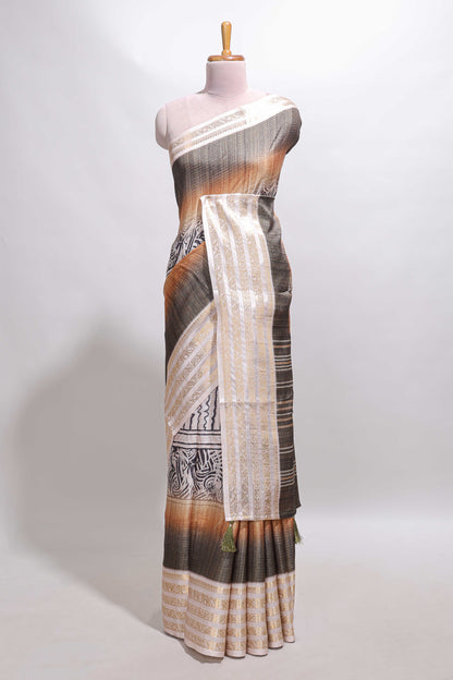 Grey geometric design dola silk saree with  contrast zari border and matching blouse